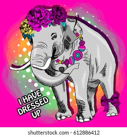Vector elephant with necklace and wreath. Hand drawn illustration of dressed elephant.