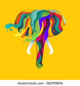 Vector elephant in paper cut style. Abstract geometric elephant with splashes of color. Background element for Happy Holi traditional indian festival.