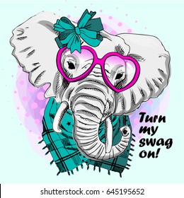 Vector elephant with pink glasses. Hand drawn illustration of dressed elephant. 