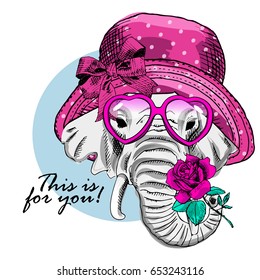 Vector elephant with pink glasses, hat and rose. Hand drawn illustration of dressed elephant. 