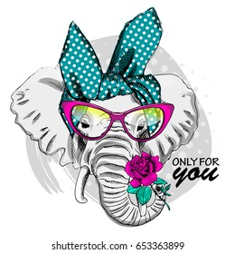 Vector elephant with pink glasses and rose. Hand drawn illustration of dressed elephant. 