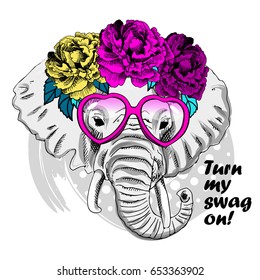 Vector elephant with pink glasses and wreath. Hand drawn illustration of dressed elephant. 
