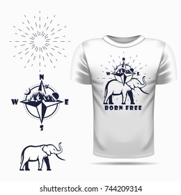 Vector elephant silhouette view side for retro logos, emblems, badges, labels template vintage design element. Isolated on t-shirt blank