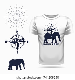 Vector elephant silhouette view side for retro logos, emblems, badges, labels template vintage design element. Isolated on t-shirt blank