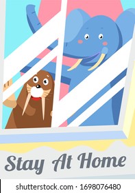 Vector elephant and walrus in isolation by the window. Funny picture on the topic stay at home. Animals behind the glass. 