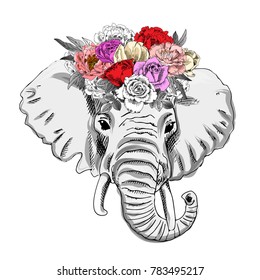 Vector elephant with wreath. Hand drawn illustration of dressed elephant.