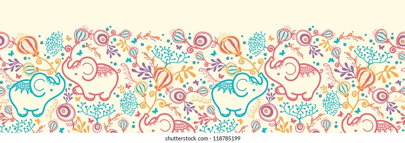 Vector Elephants With Flowers Horizontal Seamless Pattern Ornament. Cut, hand drawn and colorful elements.