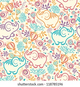 Vector Elephants With Flowers Seamless Pattern Background. Cut, hand drawn and colorful elements.