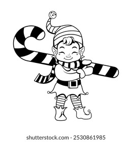 Vector Elf Carrying Candy Cane Christmas Helper Cartoon Illustration Isolated