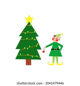 Vector elf decorates the Christmas tree.Vector  character Santa's helper isolated on white background.