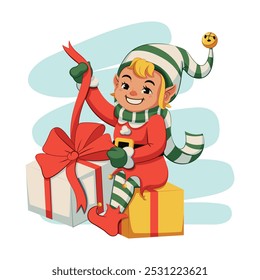 Vector Elf Gift Present Christmas Helper Cartoon Illustration Isolated