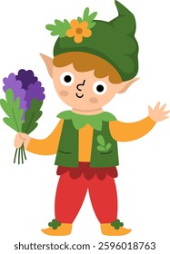 Vector elf icon. Magic fay creature clipart. Cute fairytale character. Woodland fantasy boy with bouquet of leaves, flower on hat. Forest fairy tale illustration isolated on white background
