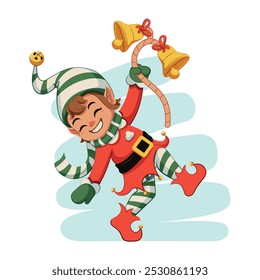 Vector Elf Ringing Christmas Bell Helper Cartoon Illustration Isolated
