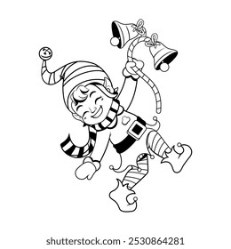 Vector Elf Ringing Christmas Bell Helper Cartoon Illustration Isolated