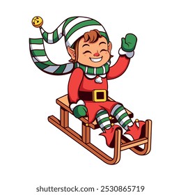 Vector Elf Sled Christmas Helper Cartoon Illustration Isolated