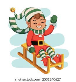 Vector Elf Sled Christmas Helper Cartoon Illustration Isolated