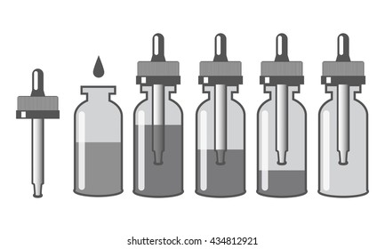 Vector E-Liquid illustration bottle set of E-Liquid. The taste of the electronic cigarette. Potion silhouette. Juice for vape smoking. Vapor vaping.