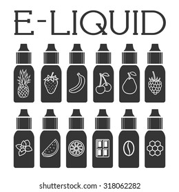 Vector E-Liquid illustration of different flavor. Icons of  E-Liquid. The taste of the electronic cigarette