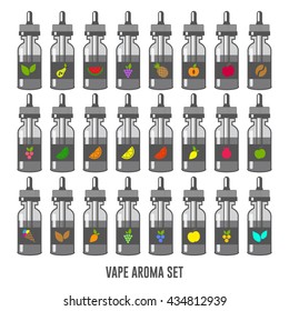 Vector E-Liquid illustration of different flavor. Icons of E-Liquid. The taste of the electronic cigarette. Bottle collection potion silhouette. Juice for vape smoking. Vapor vaping.