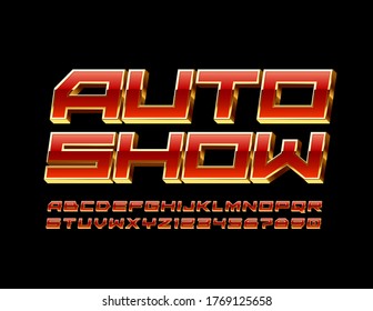 Vector elite banner Auto Show with techno style Alphabet Letters and Numbers. 3D Red and Gold Font