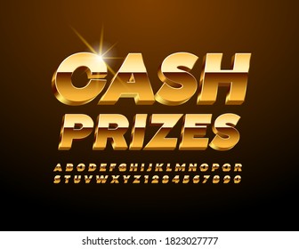 Vector Elite Banner Cash Prizes. Glossy Gold Font. 3D Premium Alphabet Letters And Numbers Set