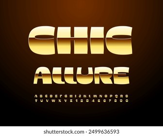 Vector elite banner Chic Allure. Gold elegant Font. Glossy luxury Alphabet Letters and Numbers set