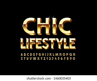 Vector elite banner Chic Lifestyle. Uppercase Golden Font with sparkling stars. 3D luxury Alphabet Letters and Numbers