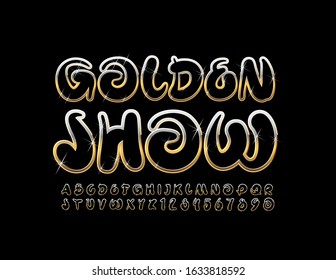 Vector elite banner Golden Show with sparkling Stars. Chic Creative Font. Luxury Alphabet Letters and Numbers.