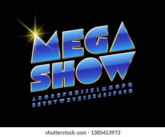 Banner de la élite vectorial Mega Show con fuente azul y dorada. Alfabeto creativo y elegante