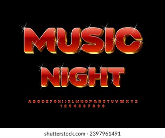 Vector elite banner Music Night. 3D creative Font. Gold and Red set of Alphabet Letters and Numbers