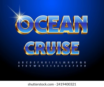 Banner de la élite vectora Ocean Cruise. Conjunto de elegantes letras y números de alfabeto. Fuente de elite azul y dorada