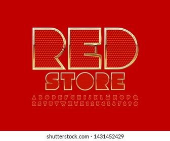 Vector elite banner Red Store. Golden and Red textured Font. Uppercase luxury Alphabet Letters and Numbers