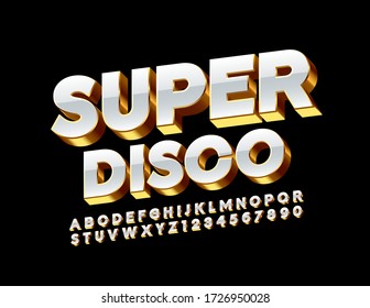 Vector elite banner Super Disco. Golden and White Alphabet Letters and Numbers 3D Luxury Font