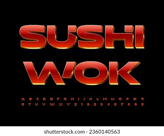 Vector elite banner Sushi Wok with 3D Gold and Red Font. Premium Alphabet Letters and Numbers set