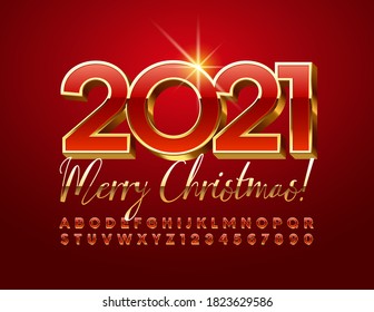 Tarjeta de élite vectora Feliz Navidad 2021! Fuente 3D roja y dorada. Juego de letras y números de alfabeto de estilo premium