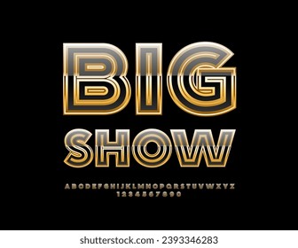 La elite vectorial Emblem Big Show. Fuente creativa en negro y oro. Conjunto de letras y números de alfabeto premium