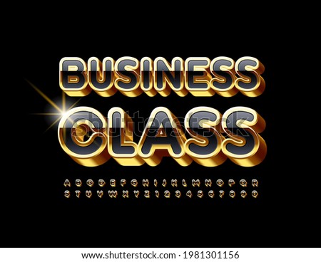 Vector elite emblem Business Class with Shiny 3D Font. Set of Black and Gold Alphabet Letters and Numbers