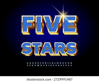Vector Elite emblem Five Stars. Luxury Blue and Golden Font for Logo Design and Creative Branding. Premium Alphabet Letters and Numbers set 