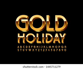 Vector Elite Emblem Gold Holiday. Luxury Uppercase Font. 3D Chic Alphabet Letters And Numbers