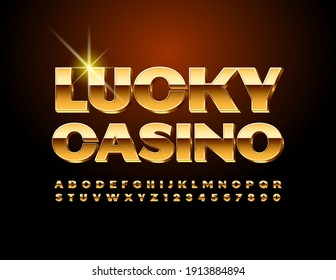 Vector elite emblem Lucky Casino. Shiny premium Font. Gold Alphabet Letters and Numbers set