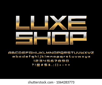 Vector Elite Emblem Luxe Shop. Square Golden Font. Chic Geometric Alphabet Letters, Numbers and Punctuation Symbols