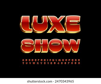 Vector de élite emblema Luxe Show. Fuente 3D exclusiva elegante. Letras y números del alfabeto rojo y oro de lujo.