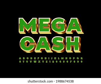 Vector elite emblem Mega Cash. 3D Gold and Green Font. Luxury Alphabet Letters and Numbers set