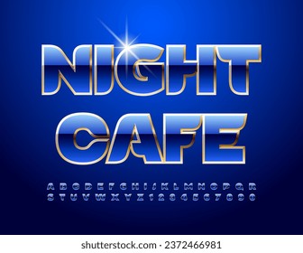 Vector elite Emblem Night Cafe. ModernBlue Font. Artistic Alphabet Letters and Numbers set