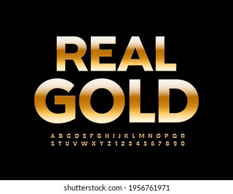 Vector elite emblem Real Gold. Luxury Metallic Font. Chic Alphabet Letters and Numbers set