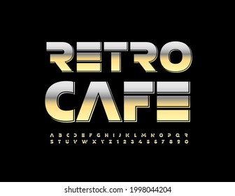 Vector elite emblem Retro Cafe. Metallic Gold Font. Cosmic style Alphabet Letters and numbers set