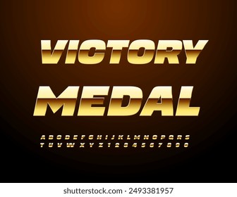 Vector elite emblem Victory Medal. Exclusive Gold Font. Premium Alphabet Letters and Numbers set.