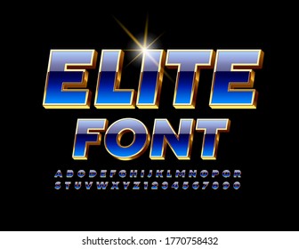 Vector Elite Font. 3D Blue and Gold Alphabet. Luxury shiny Letters and Numbers