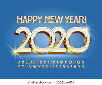 Vector elite greeting card Happy New Year 2020! Elegant Uppercase Font. 3D White and Gold Alphabet Letters and Numbers