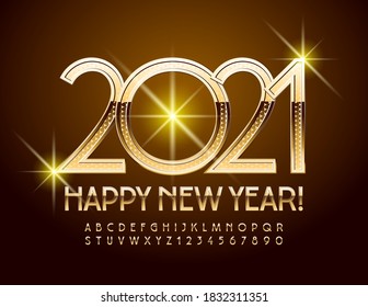 Vector elite greeting card Happy New Year 2021! Gold Elegant Font. Luxury chic Alphabet Letters and Numbers set